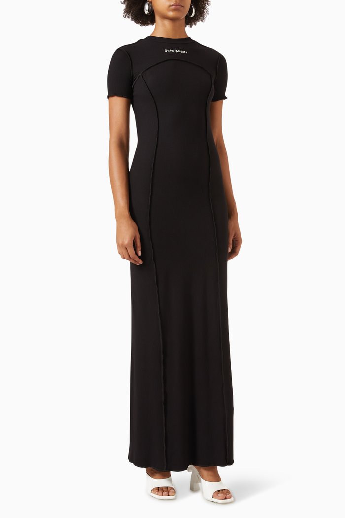 

Open-back Ribbed Maxi Dress, Black
