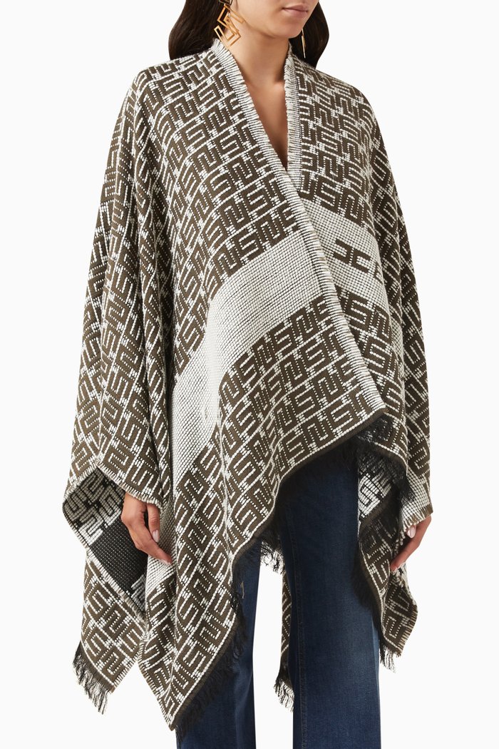 

Fringed Logo Cape in Wool-jacquard, Green