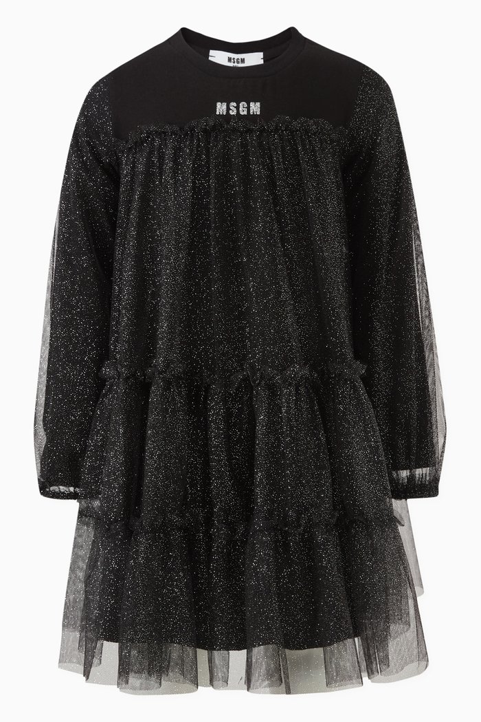 Logo Dress in Cotton Jersey & Glitter Tulle, Black