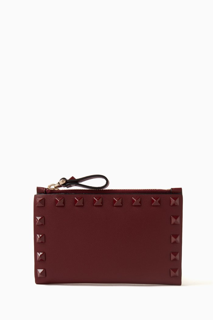 

Valentino Garavani Rockstud Cardholder in Leather, Burgundy