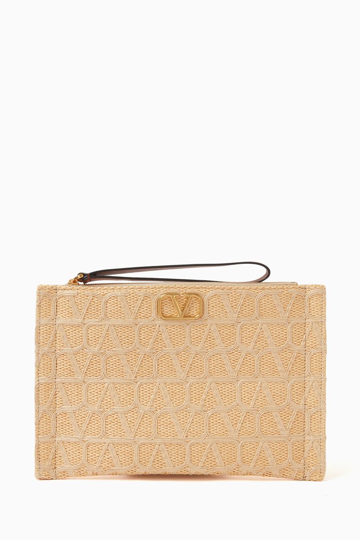 

Valentino Garavani VLOGO Toile Iconographe Pouch Bag in Raffia, Neutral