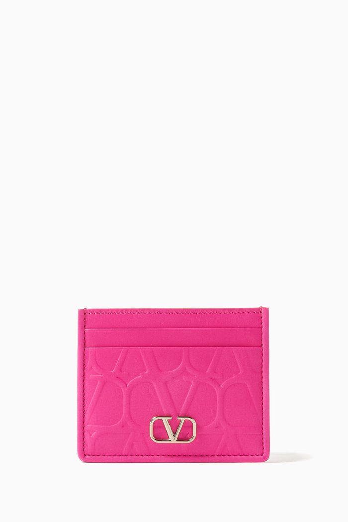 

Valentino Garavani Iconographe Toile Card Holder in Leather, Pink