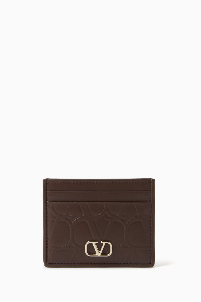 

Valentino Garavani Iconographe Toile Card Holder in Leather, Brown