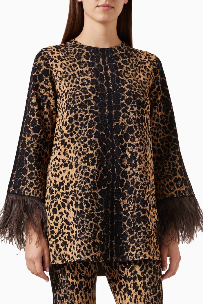 

Feather-trimmed Top in Animal-print Jacquard, Multicolour