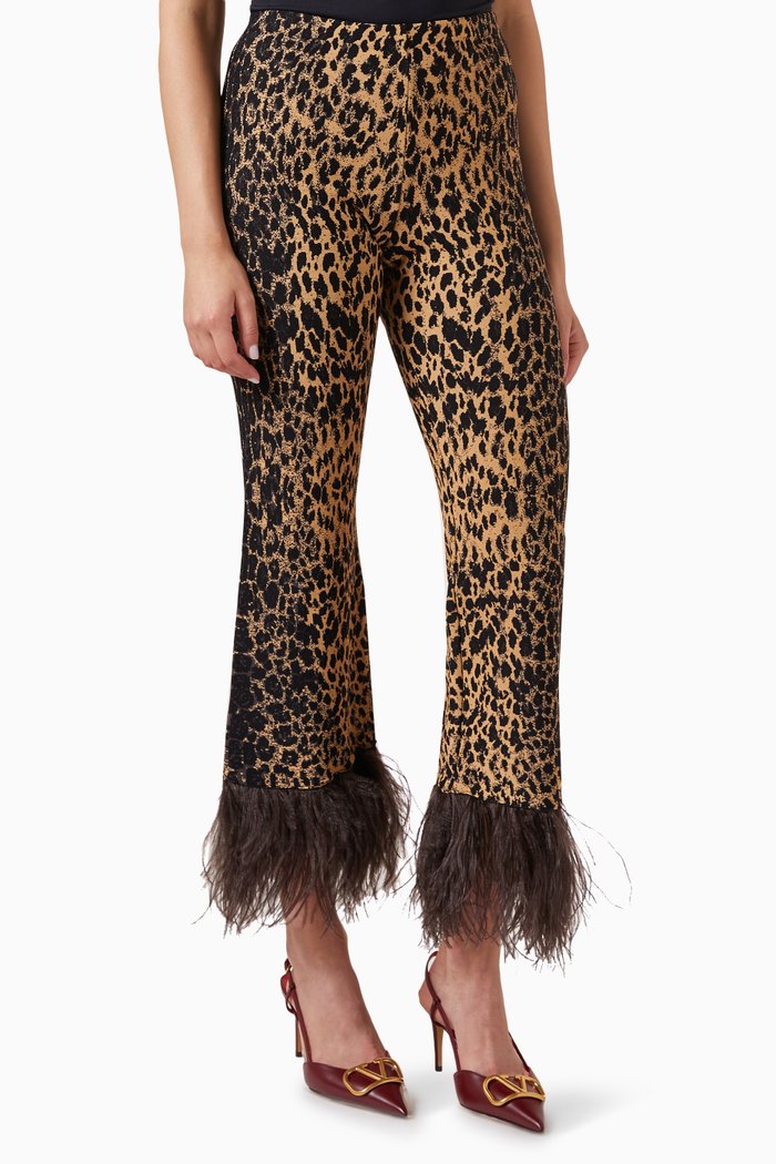 

Feather-trimmed Flared Pants in Animal-print Jacquard, Multicolour