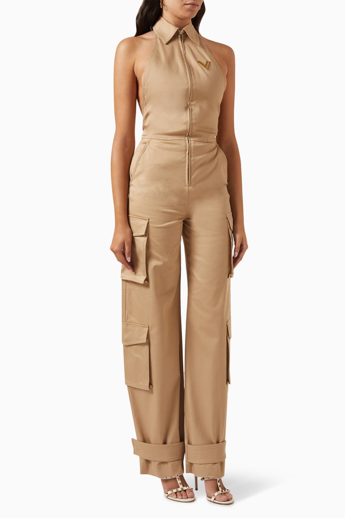 

Valentino Open-back Cargo Jumpsuit in Stretch-cotton, Neutral