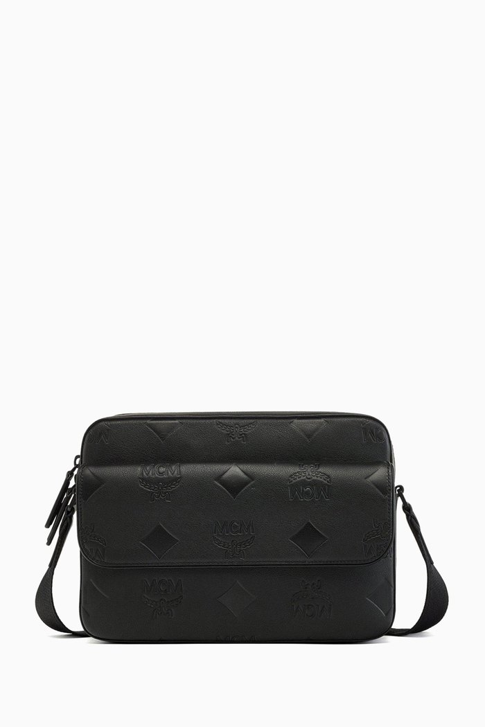Medium Aren Maxi Monogram Messenger Bag in Leather, Black