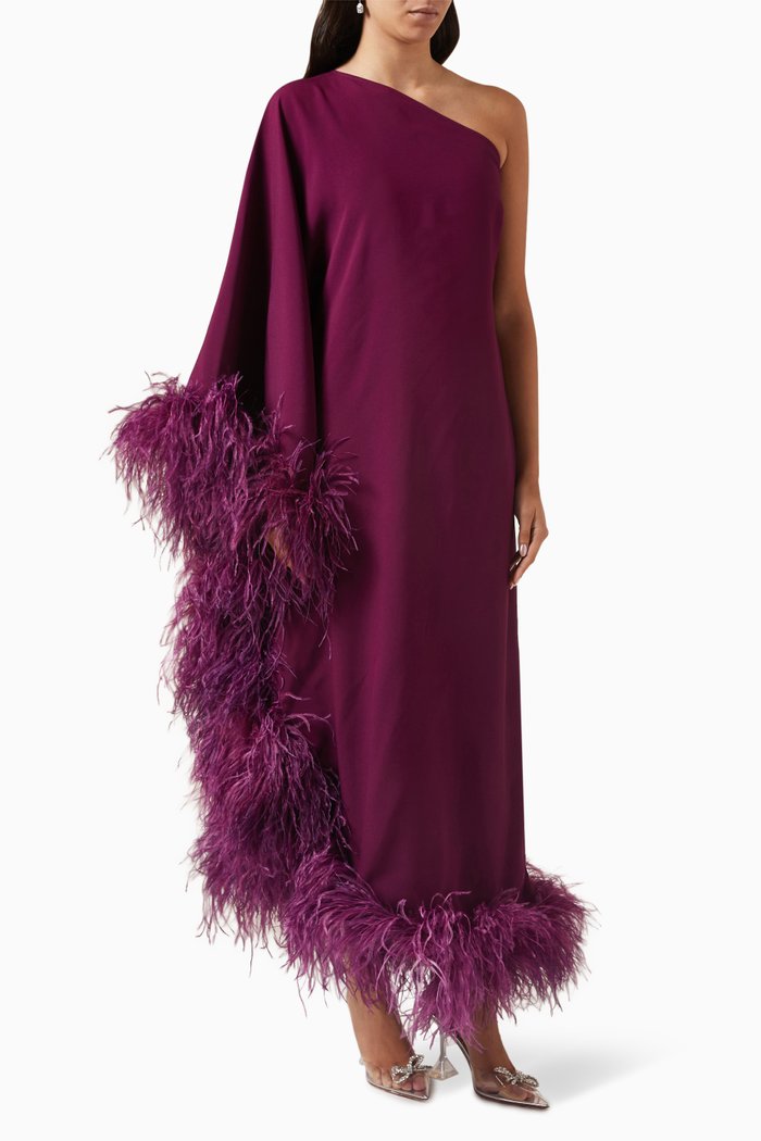 

Ubud Feathered Maxi Dress in Crêpe, Red