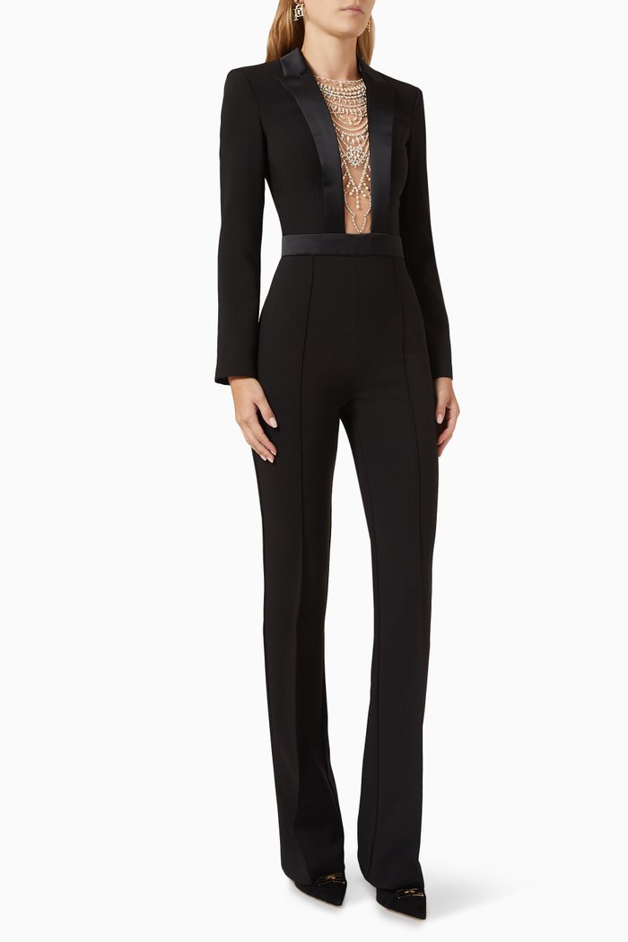 

Pearl & Rhinestone Embroidery Jumpsuit in Crepe, Black