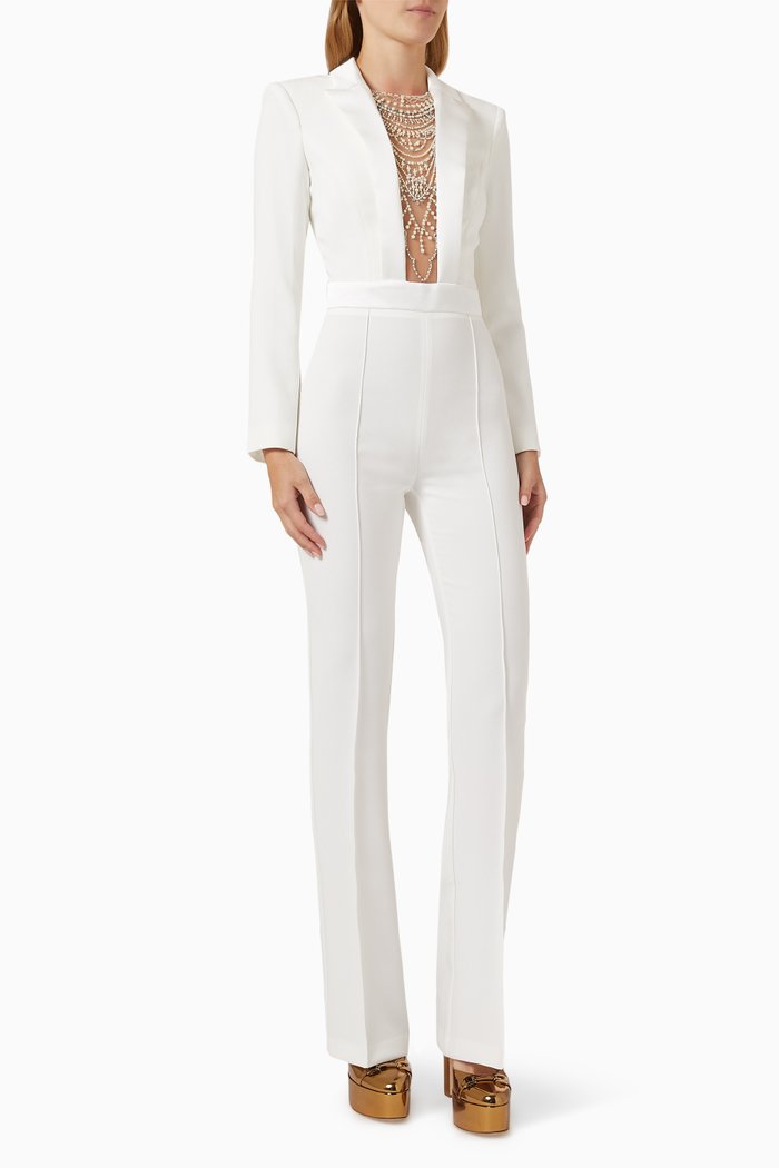 

Pearl & Rhinestone Embroidery Jumpsuit in Crepe, White