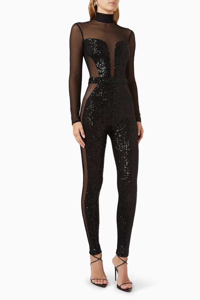 

Embroidered Sequins Jumpsuit in Tulle, Black