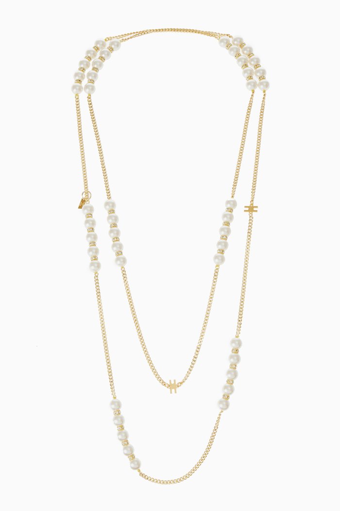 

Pearl & Rhinestones Double Strand Necklace, Gold