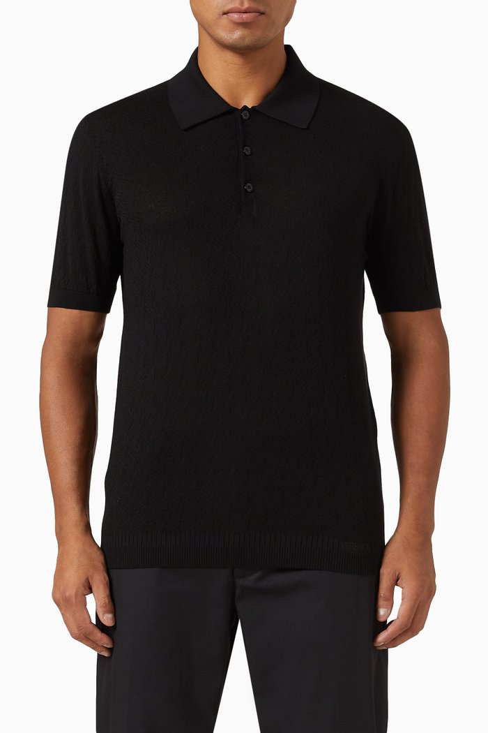 

Greca Short Sleeved Polo Shirt in Silk Blend, Black