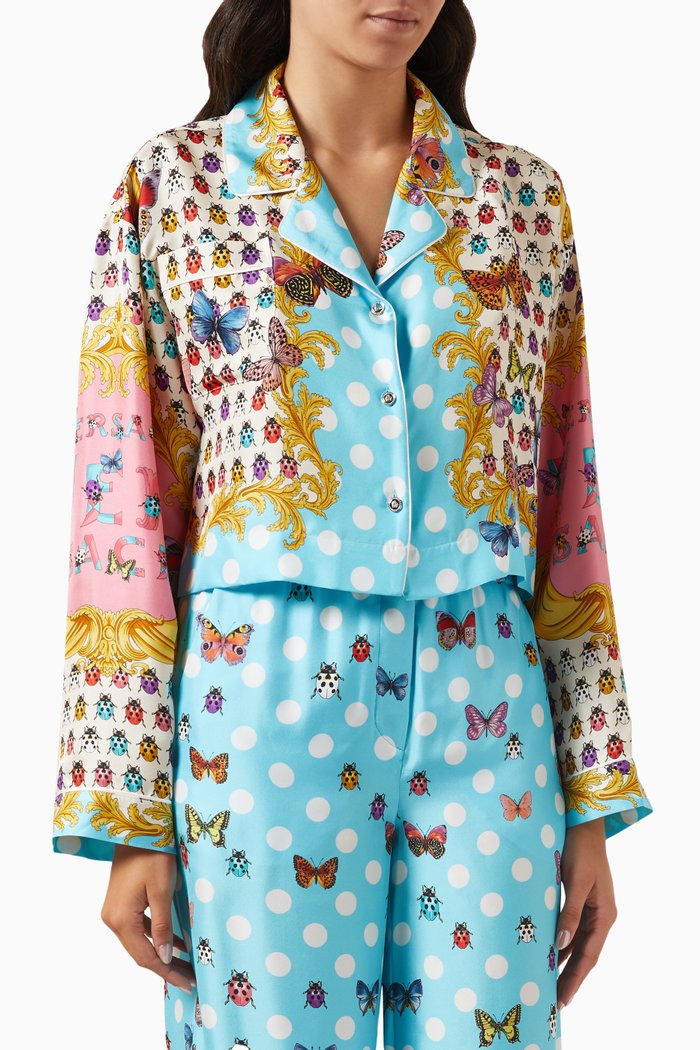 Butterflies Crop Shirt in Silk-twill, Multicolour