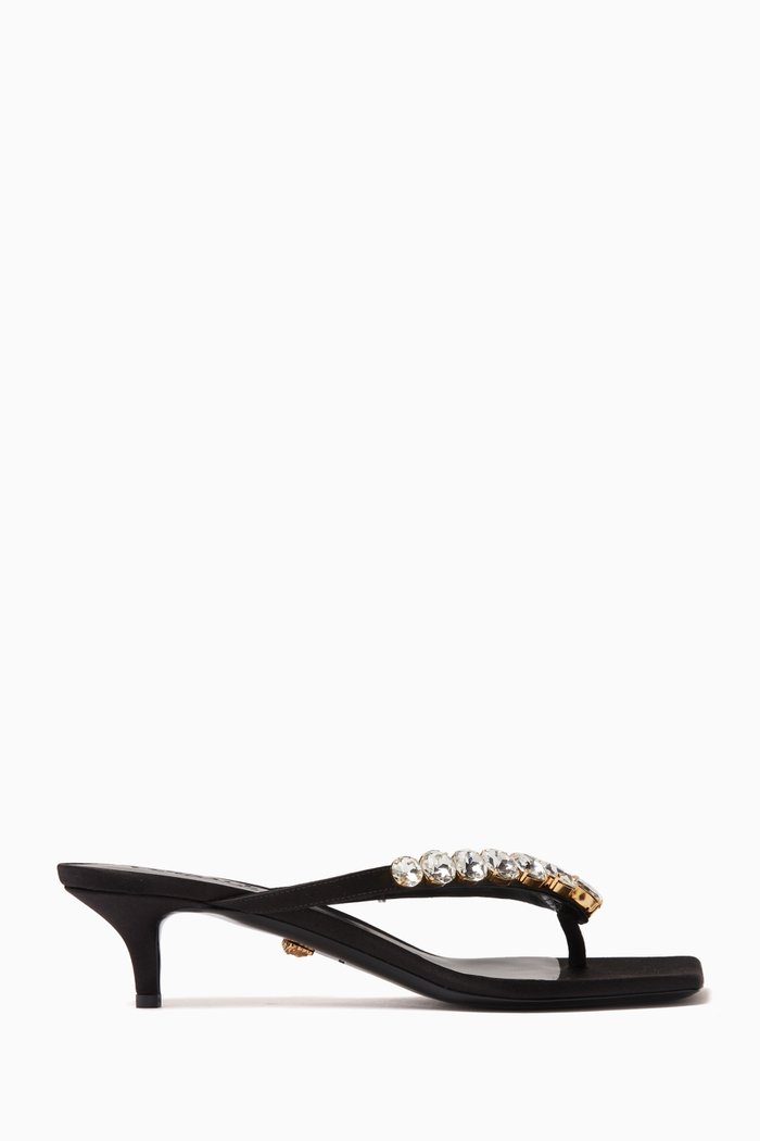 Crystal Thong Sandals in Satin, Black