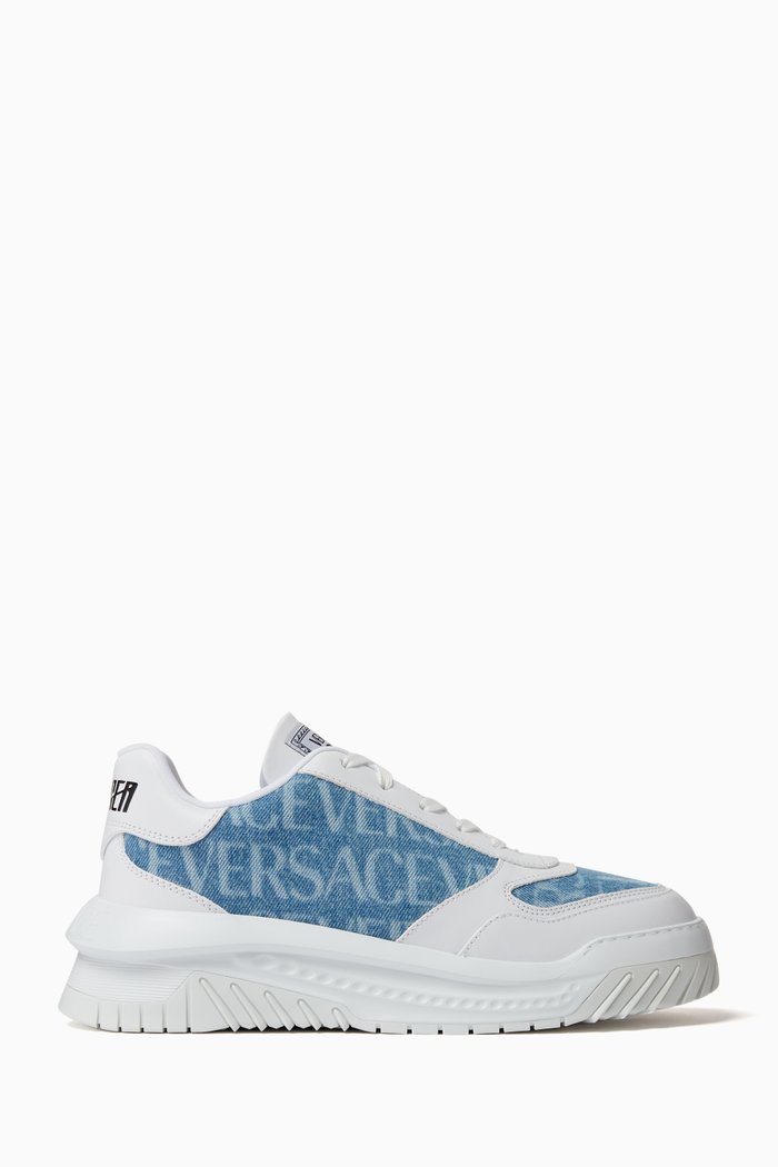 

Odissea Logo Sneakers in Cotton and Leather, Blue