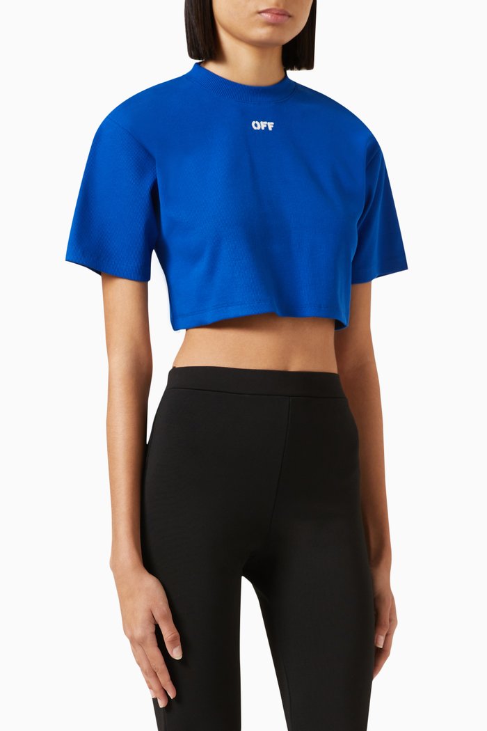 

Stamped Logo Ribbed Crop T-shirt in Stretch-cotton, Blue