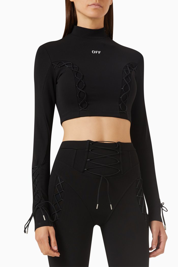 

Lace-up Turtleneck Top in Viscose-knit, Black