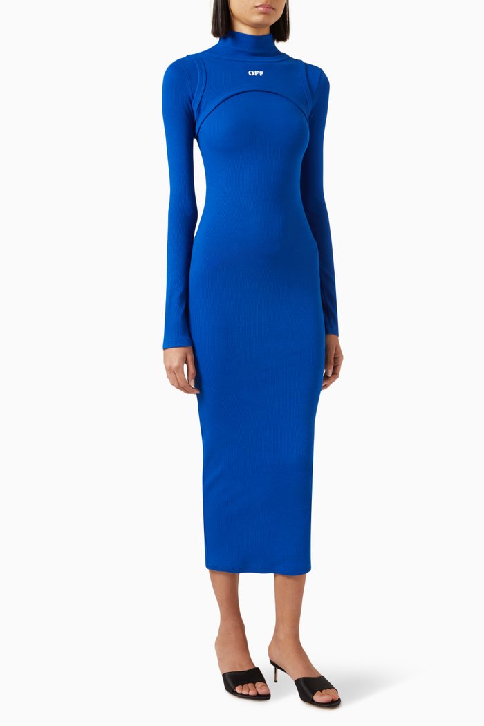 

Stamped Logo Ribbed Midi Dress in Stretch-cotton, Blue