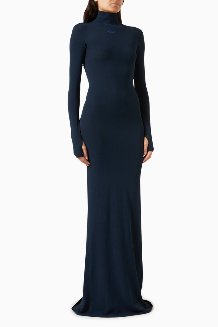 Logo Turtleneck Maxi Dress in Jersey, Blue