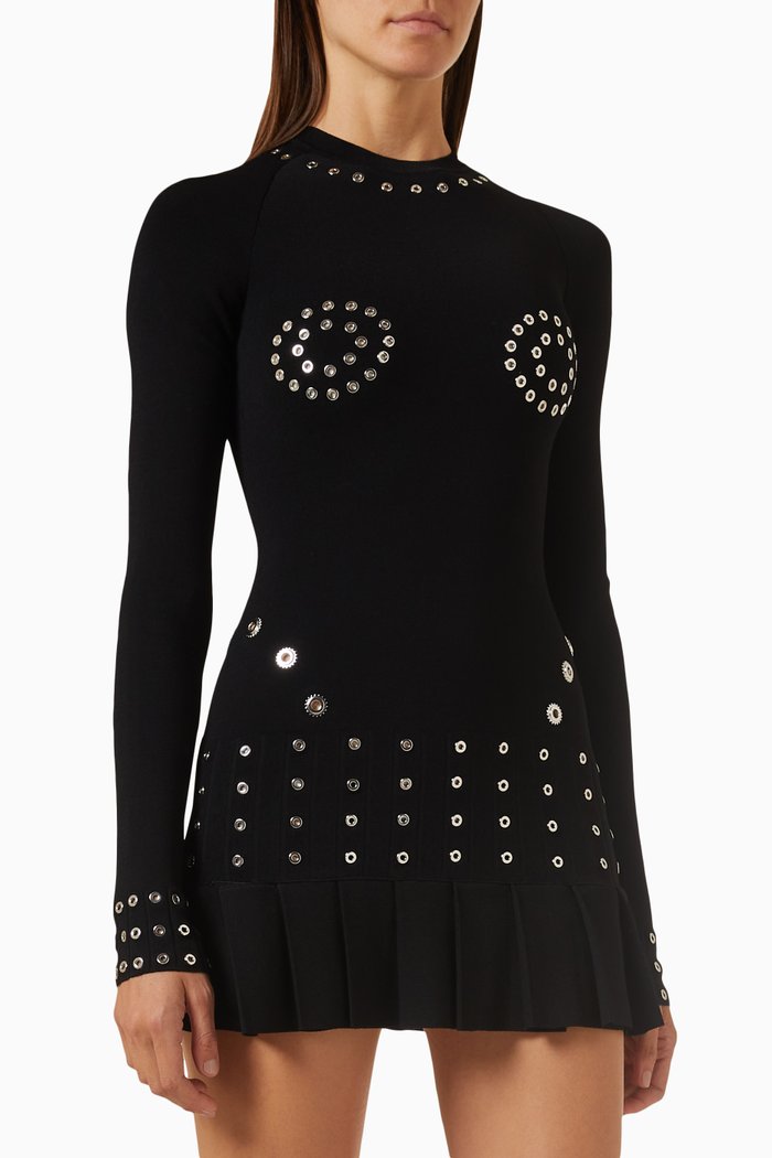 

Eyelet-embellished Pleated Mini Dress, Black