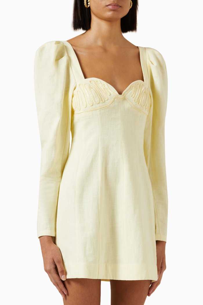 Leyla Embroidered Mini Dress in Linen, Yellow