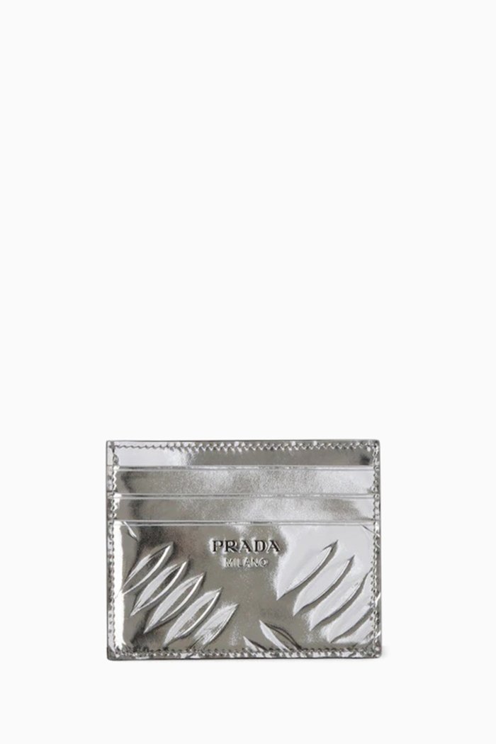 

Embossed Card Holder in Brushed Leather, Silver