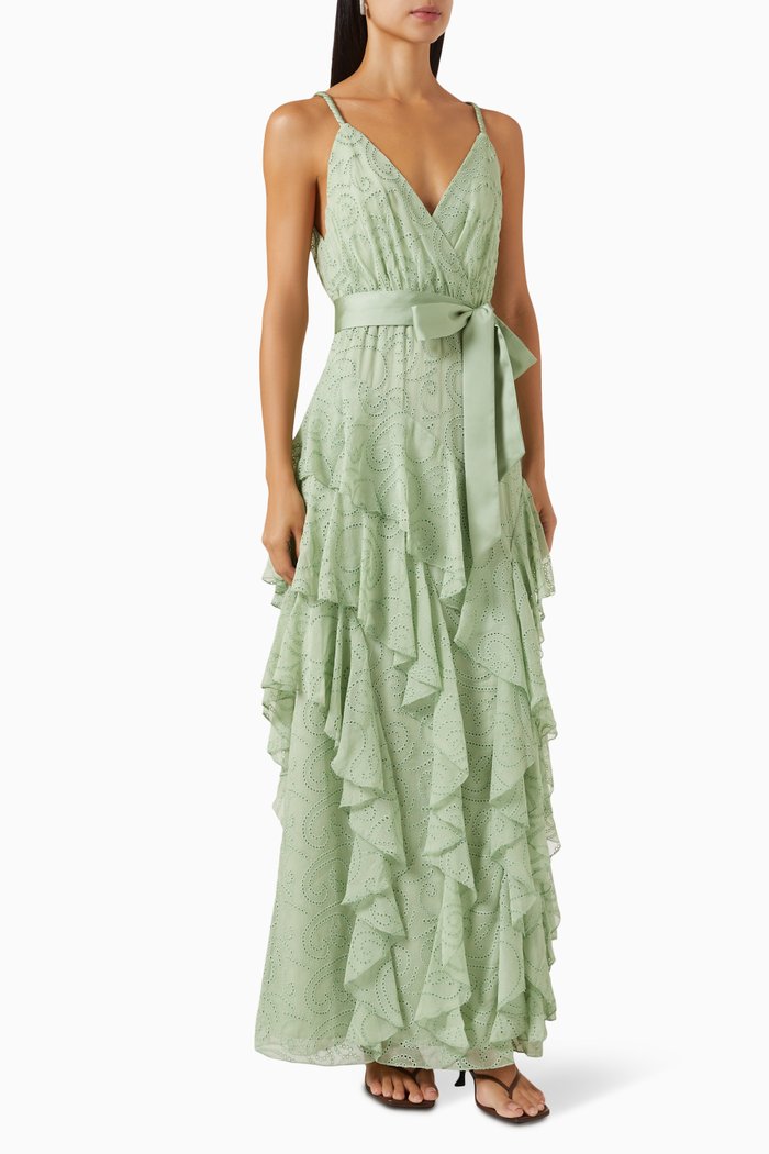 

Emelia Eyelet Ruffle Maxi Dress in Silk, Green