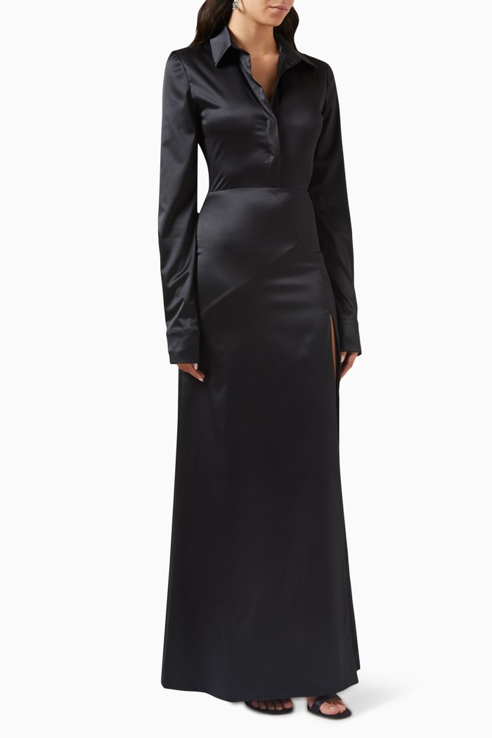 

Karma Flower Maxi Shirt Dress in Silk, Black