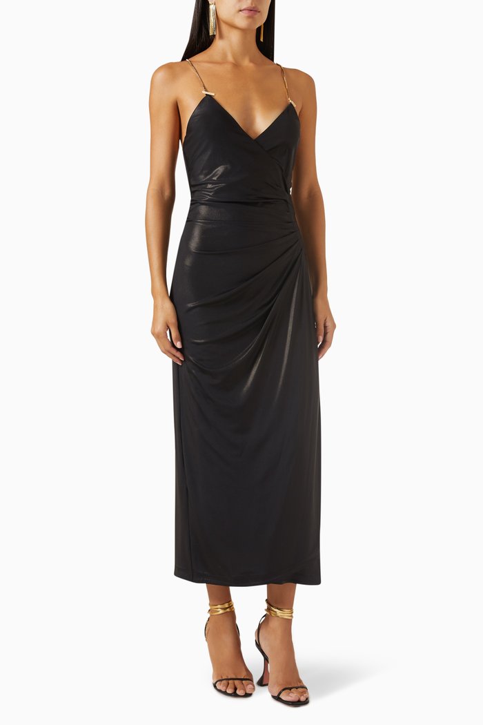 

Madelyn Draped Midi Dress in Metallic Fabric, Black