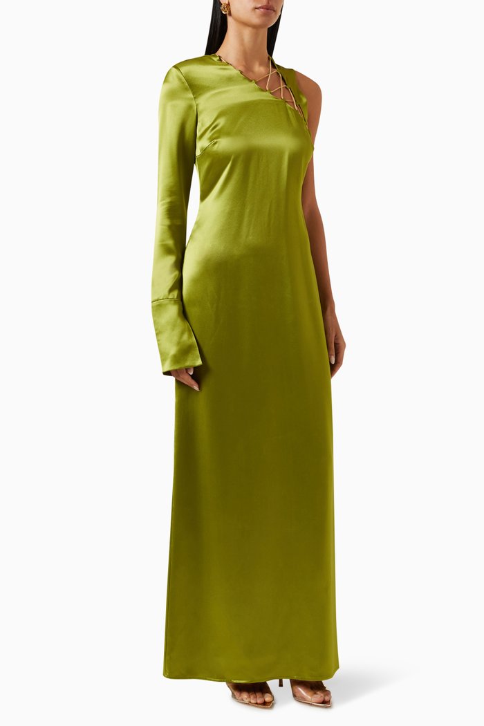 

Ashley One-Sleeved Maxi Dress in Acetate, Green