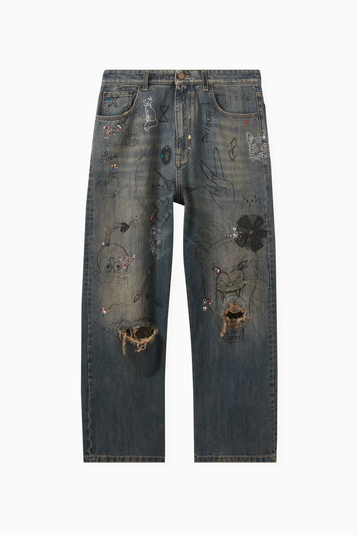 

Scribble Medium Fit Pants in Ring Denim with Rhinestones, Blue