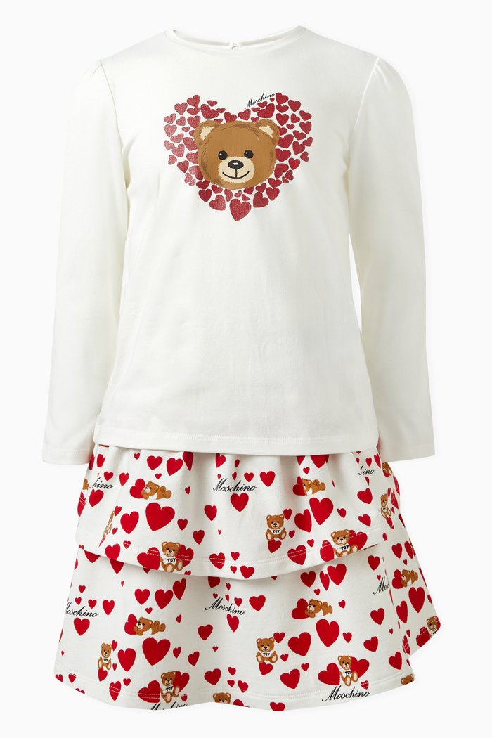

Heart and Teddy Bear Print T-Shirt and Skirt Set in Cotton, Neutral
