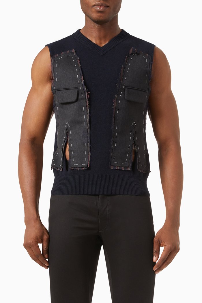

V-neck Gilet Pullover in Wool, Blue