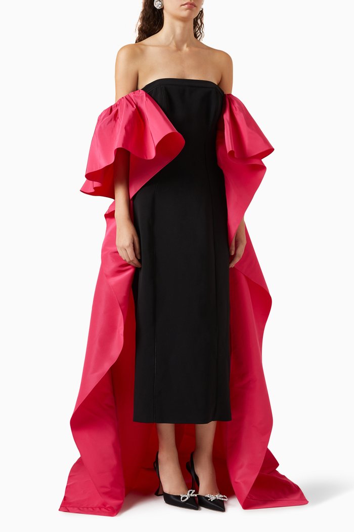 Strapless Ruffle Column Gown in Crepe-taffeta, Black