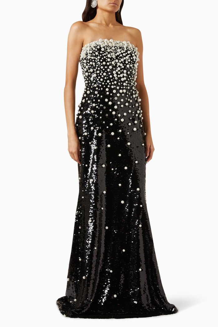 

Pearl-embellished Sequin Column Gown, Black
