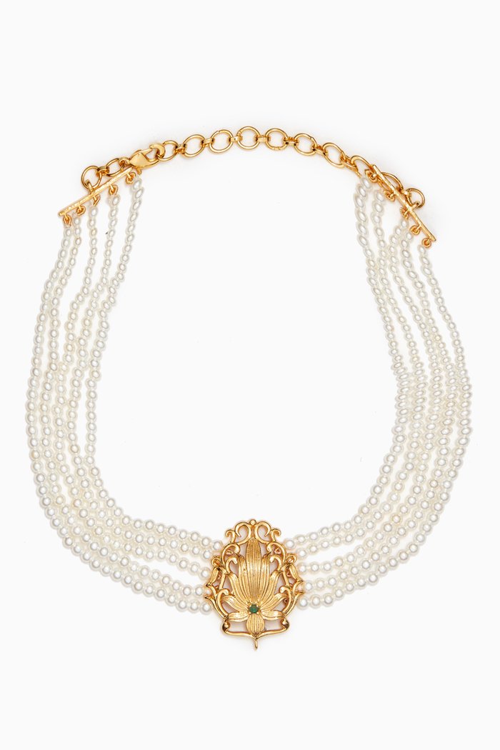 

Lotus Pearl Choker in Brass, Gold