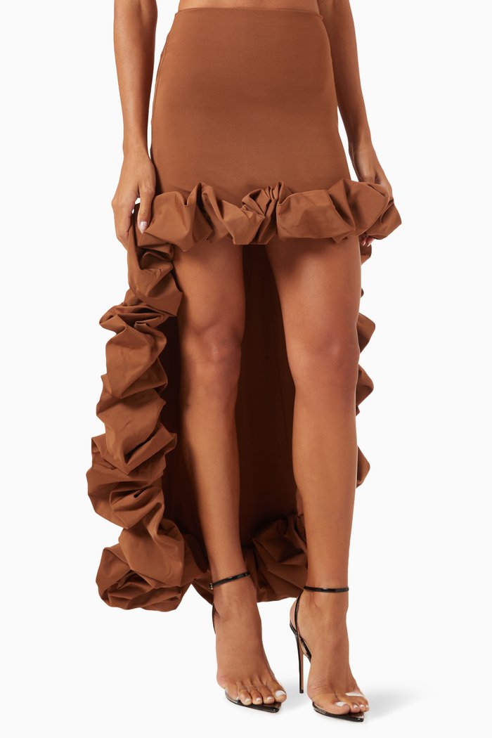 

Medialuna Ruffled Maxi Skirt in Stretch-nylon, Brown
