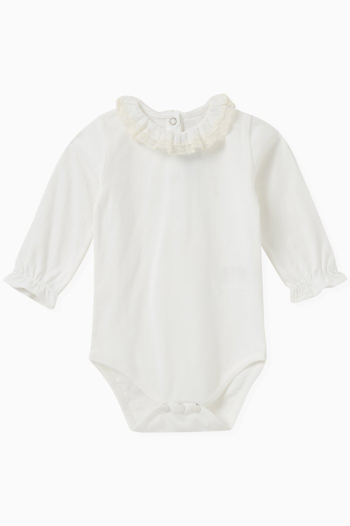 Ruffled Collar Bodysuit in Cotton, White