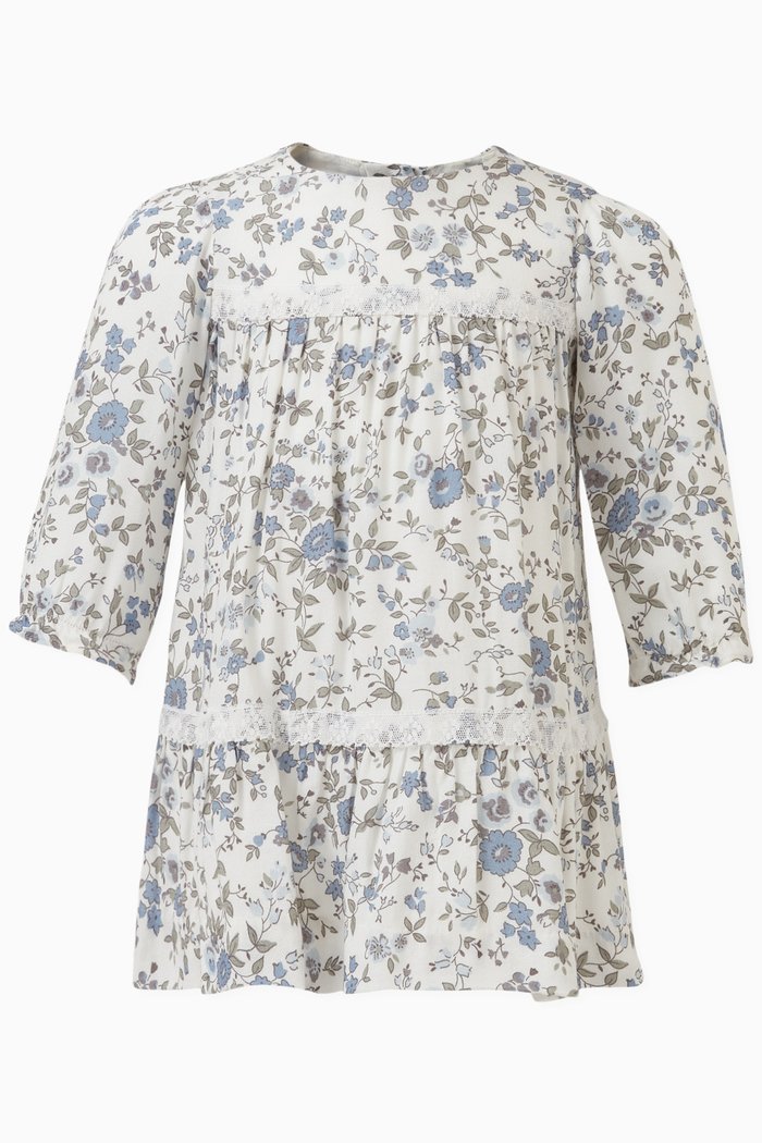 

Floral Print Dress in Viscose-wool Blend, Blue