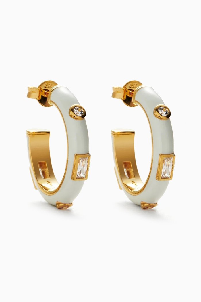 

Enamel & Stone Medium Hoop Earrings in 18kt Recycled Gold-plated Brass, White