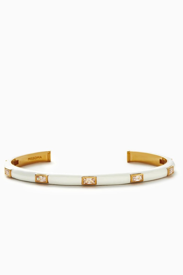 Enamel & Stone Cuff Bracelet in 18kt Recycled Gold-plated Brass, White