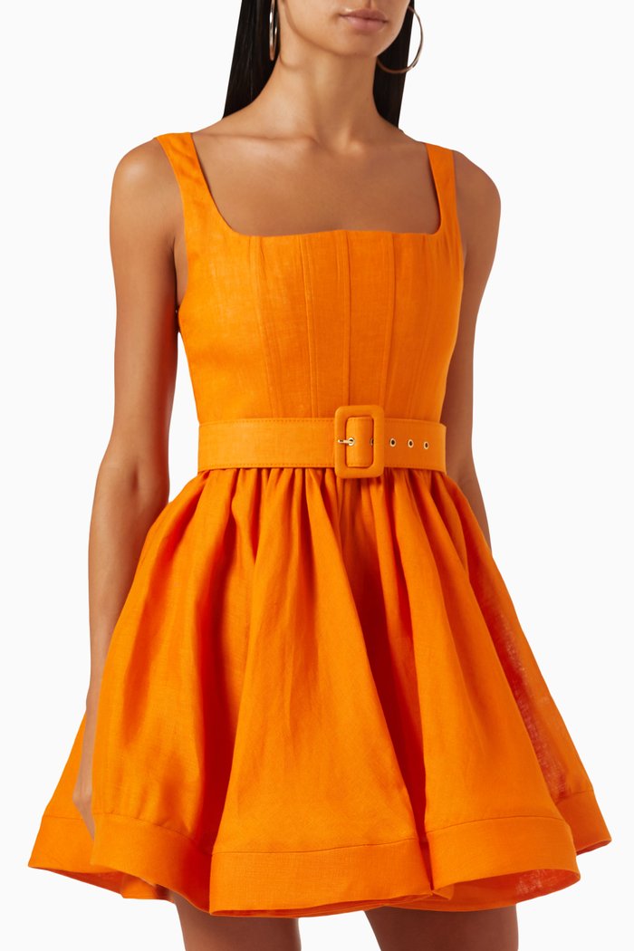 Irene Flared Mini Dress in Linen, Orange