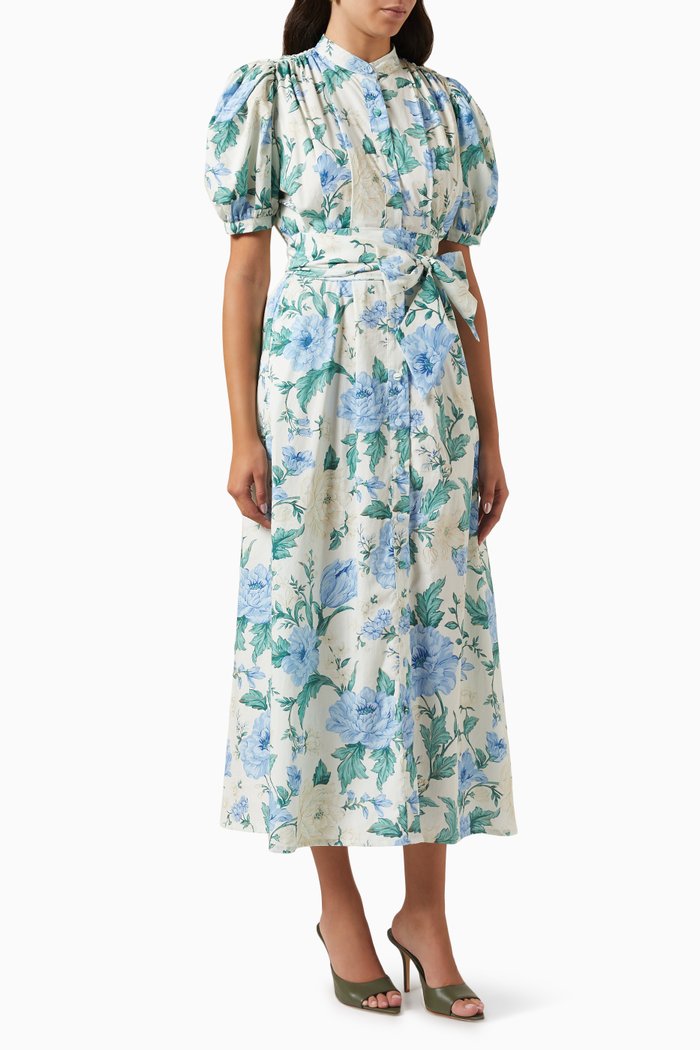 

Adaline Belted Dress in Cotton, Blue