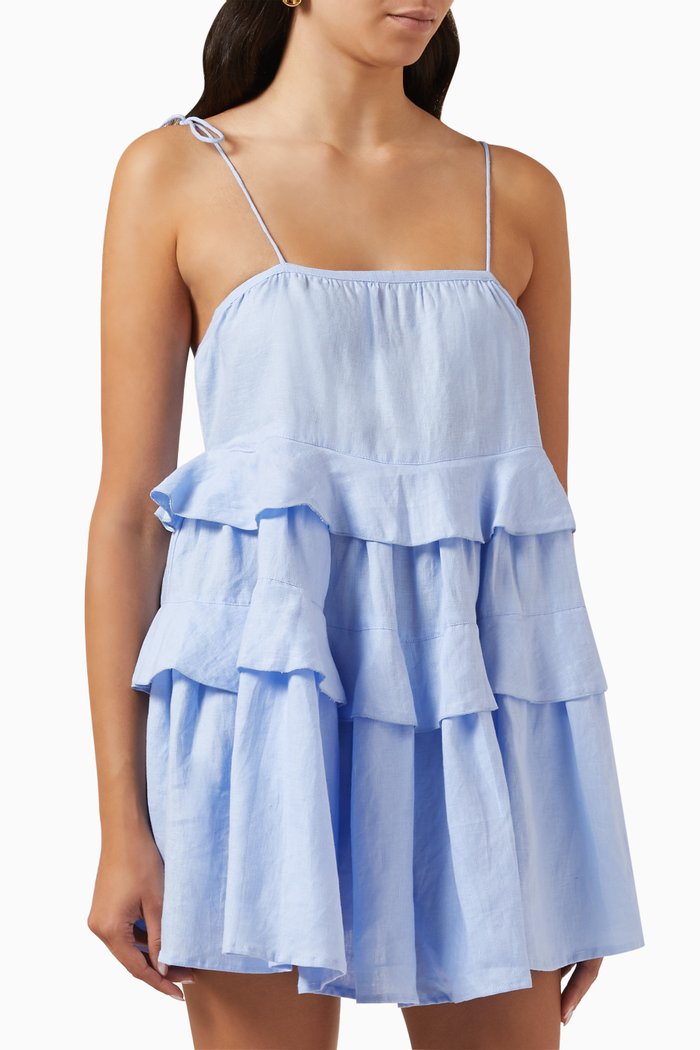 

Astrid Tiered Dress in Linen, Blue