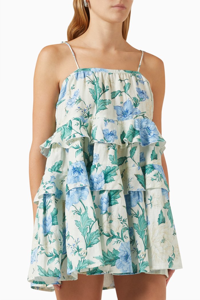 

Astrid Tiered Mini Dress in Linen, Purple