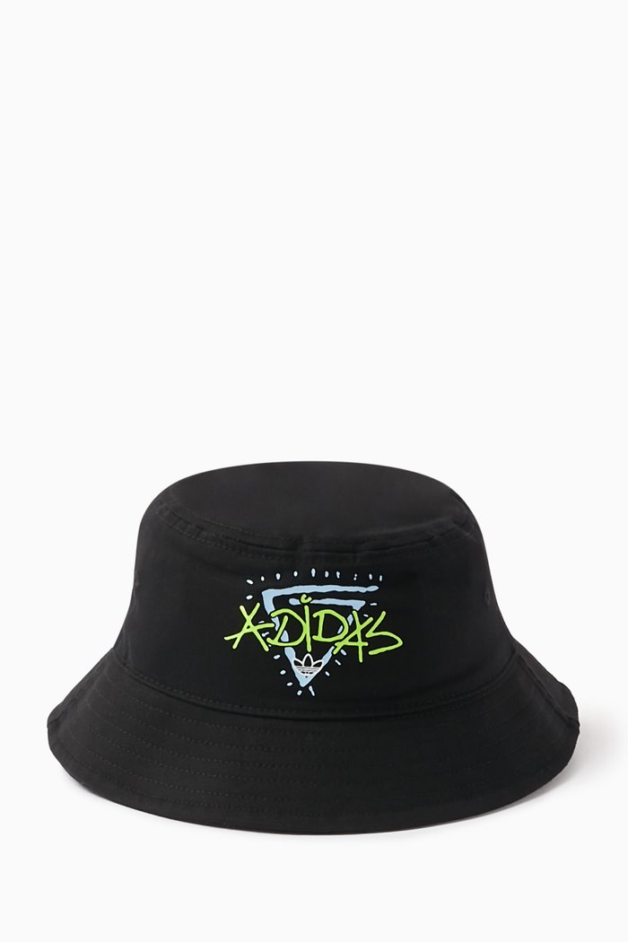 

Graphic Logo Print Bucket Hat in Cotton Twill, Black