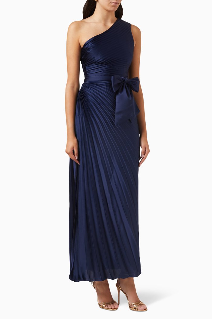 

Estelle Pleated Maxi Dress in Satin, Blue