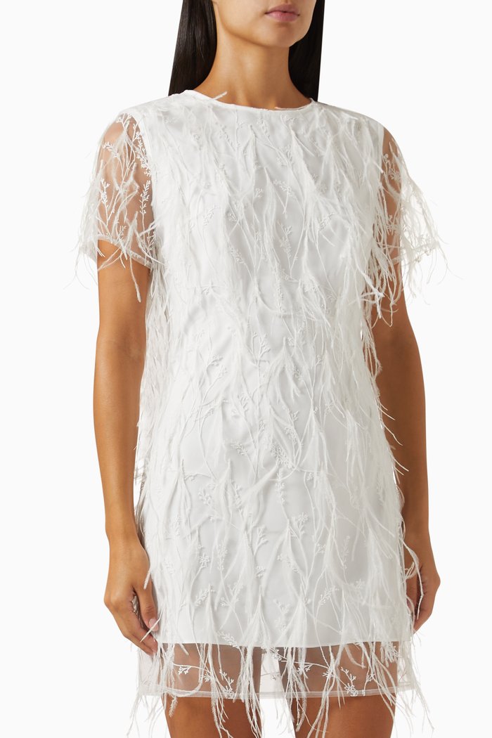 

Rana Feather Mini Dress in Mesh, White