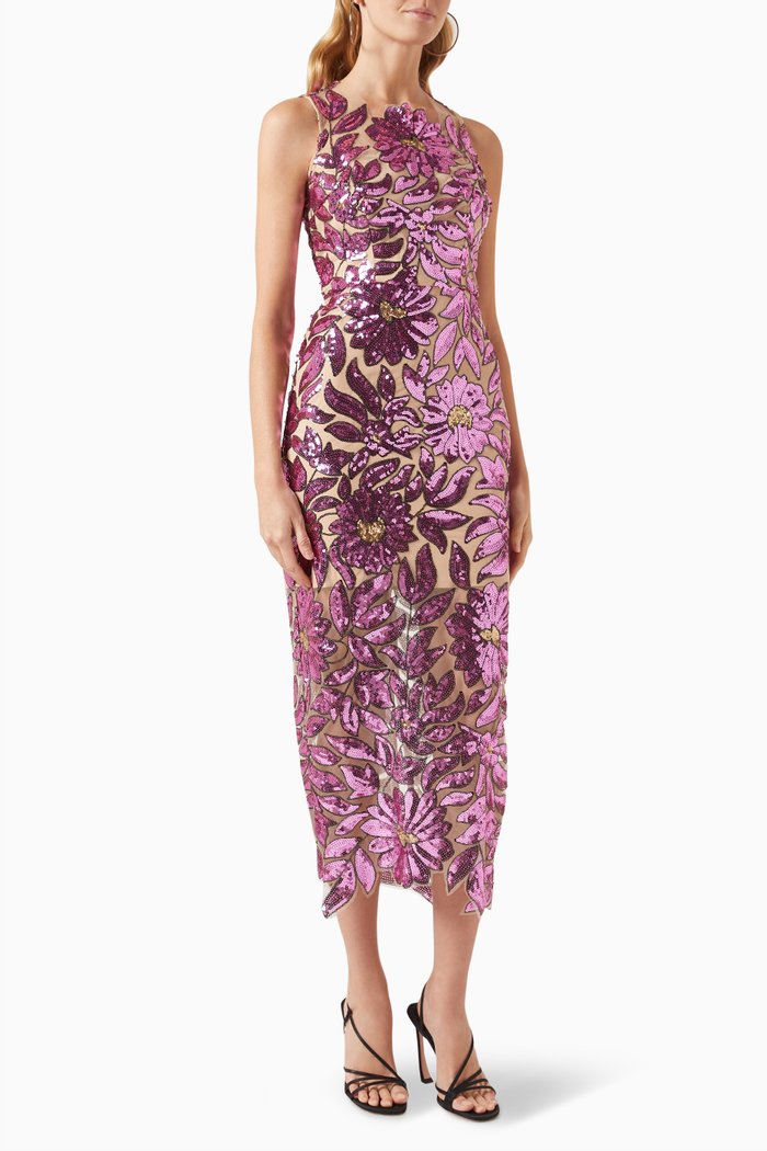 

Kinsley Floral Garden Midi Dress in Sequin, Pink